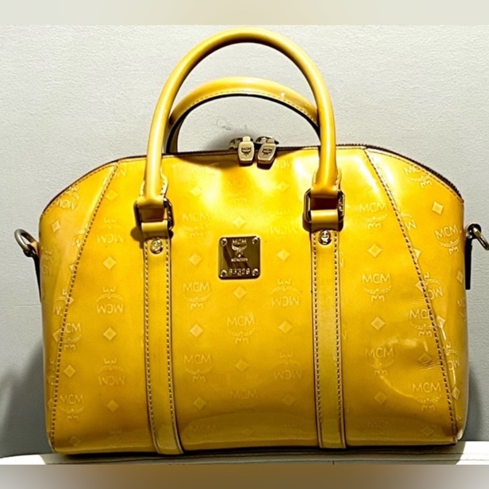 MCM Handbag Yellow Patent Leather/ Enamel Bowler Bag Satchel Visetos Purse